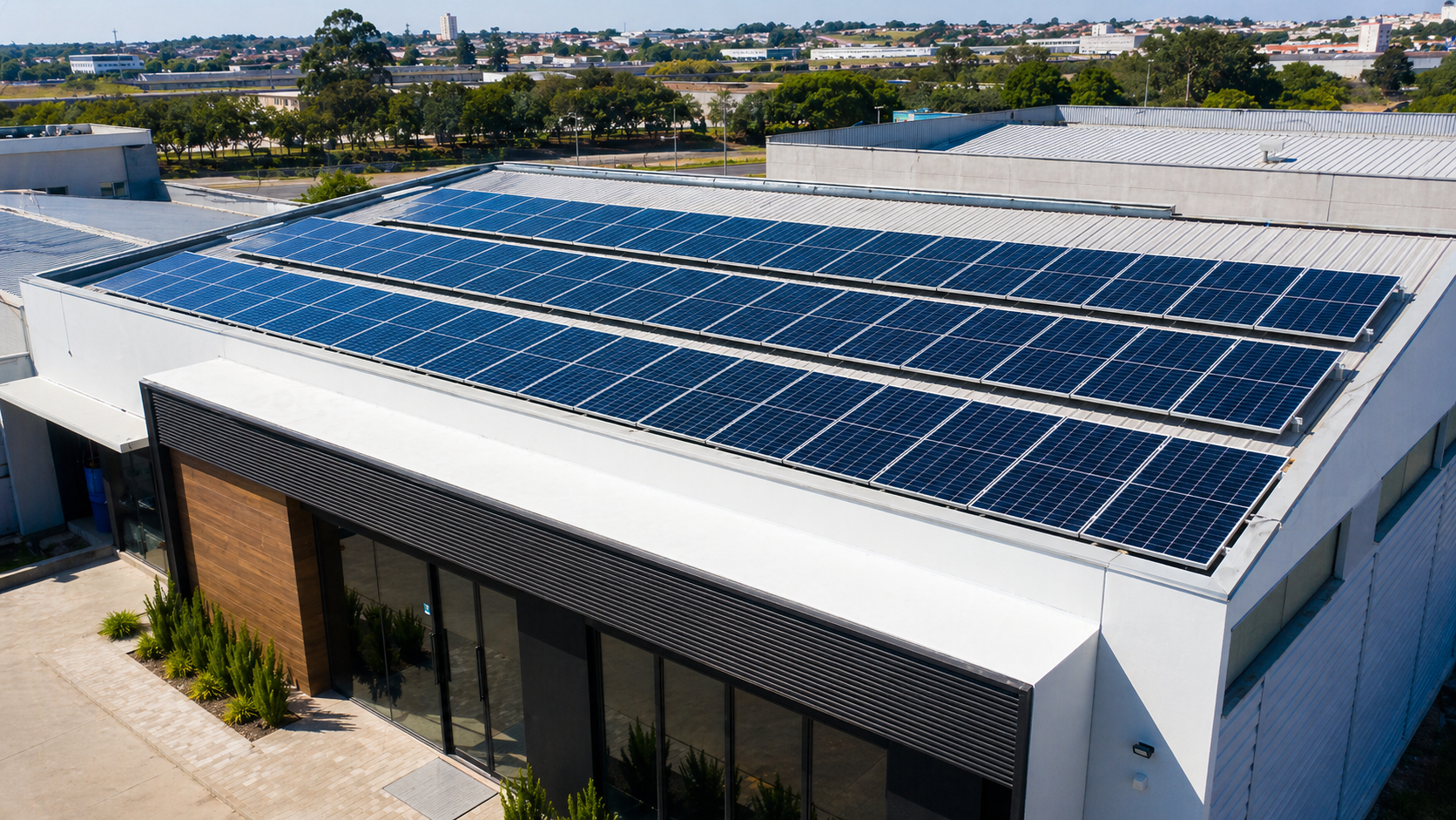 Sistema de energia solar instalado em telhado comercial